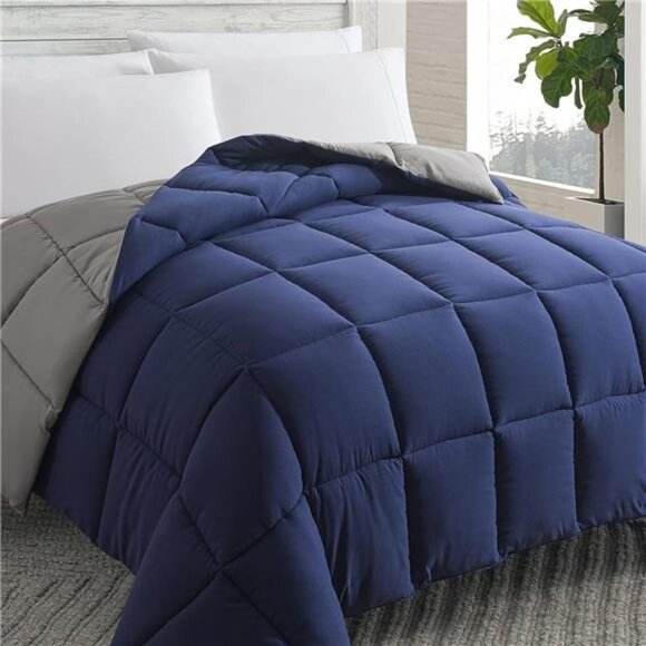Down Alternative Comforter (Blue/Grey, King) - All Season Soft Quilted King Size - Picture 1 of 6